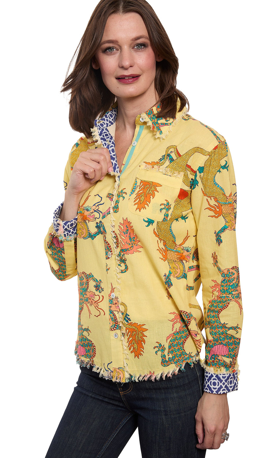 Dizzy-Lizzie Cape Cod Shirt in Butter Yellow Dragon Print available at Barbara Katz