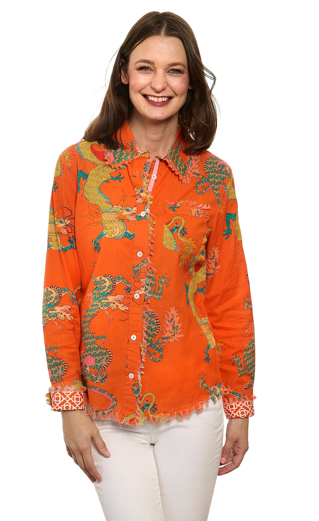 Dizzy-Lizzie Cape Cod Shirt in Orange Dragon Print available at Barbara Katz