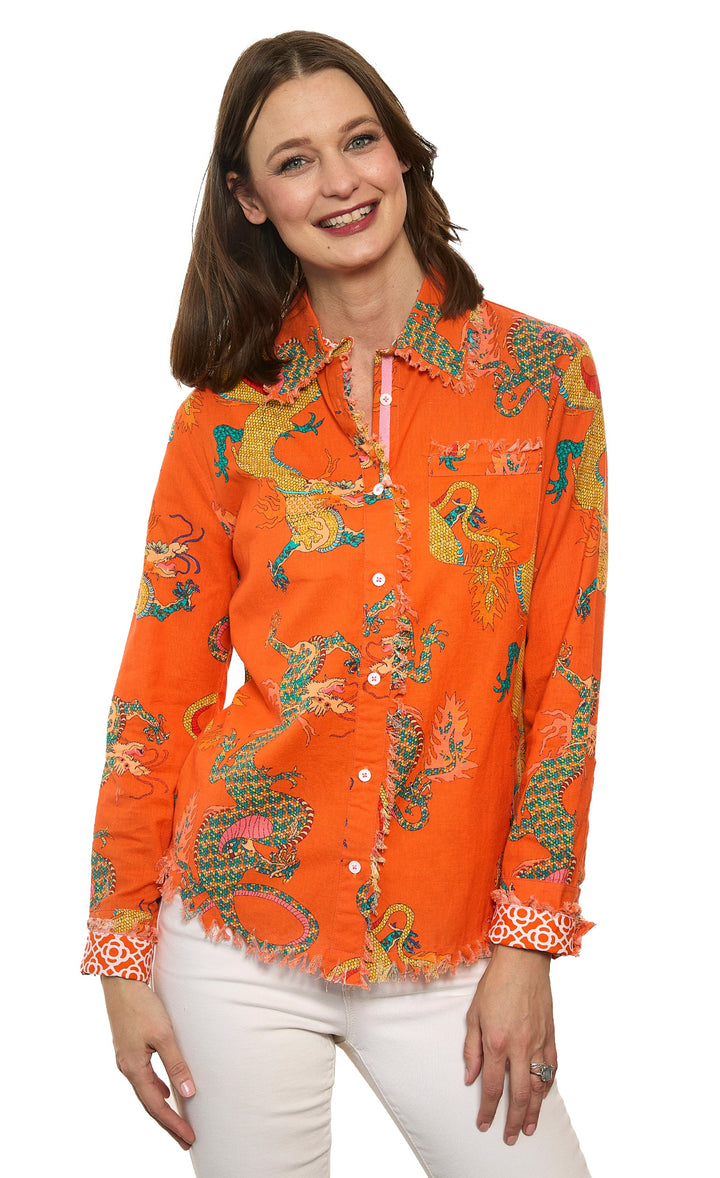 Dizzy-Lizzie Cape Cod Shirt in Orange Dragon Print available at Barbara Katz