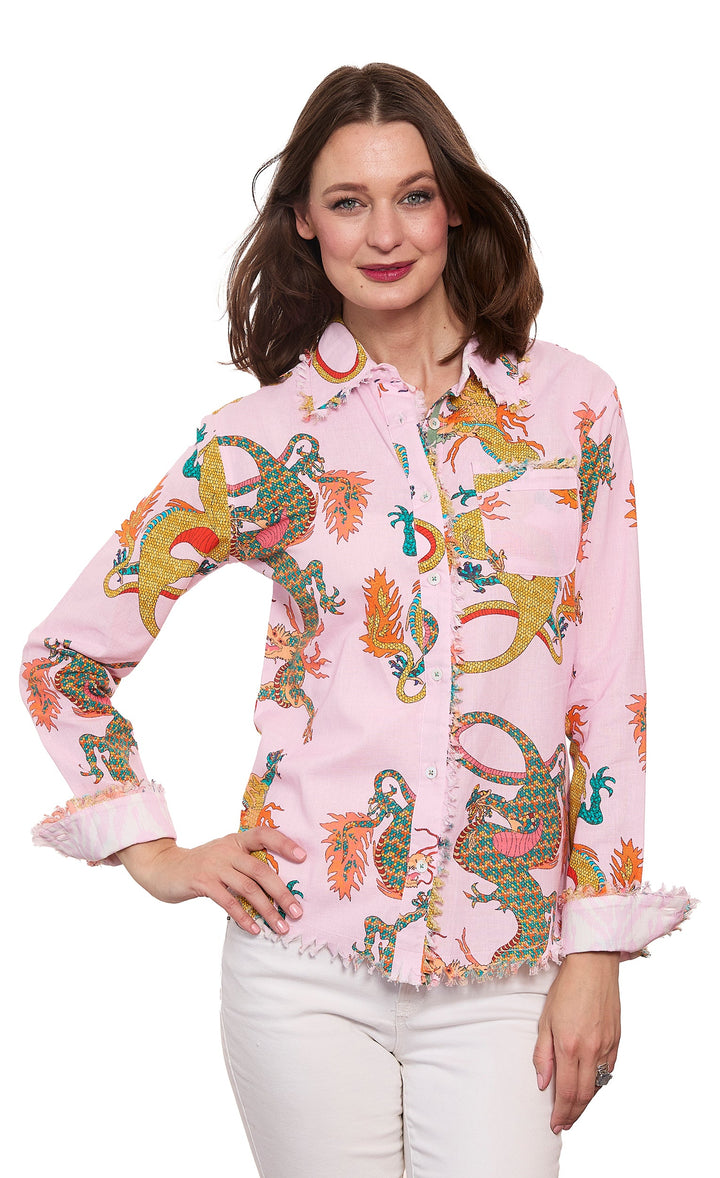 Dizzy-Lizzie Cape Cod Shirt in Powder Pink Dragon Print available at Barbara Katz
