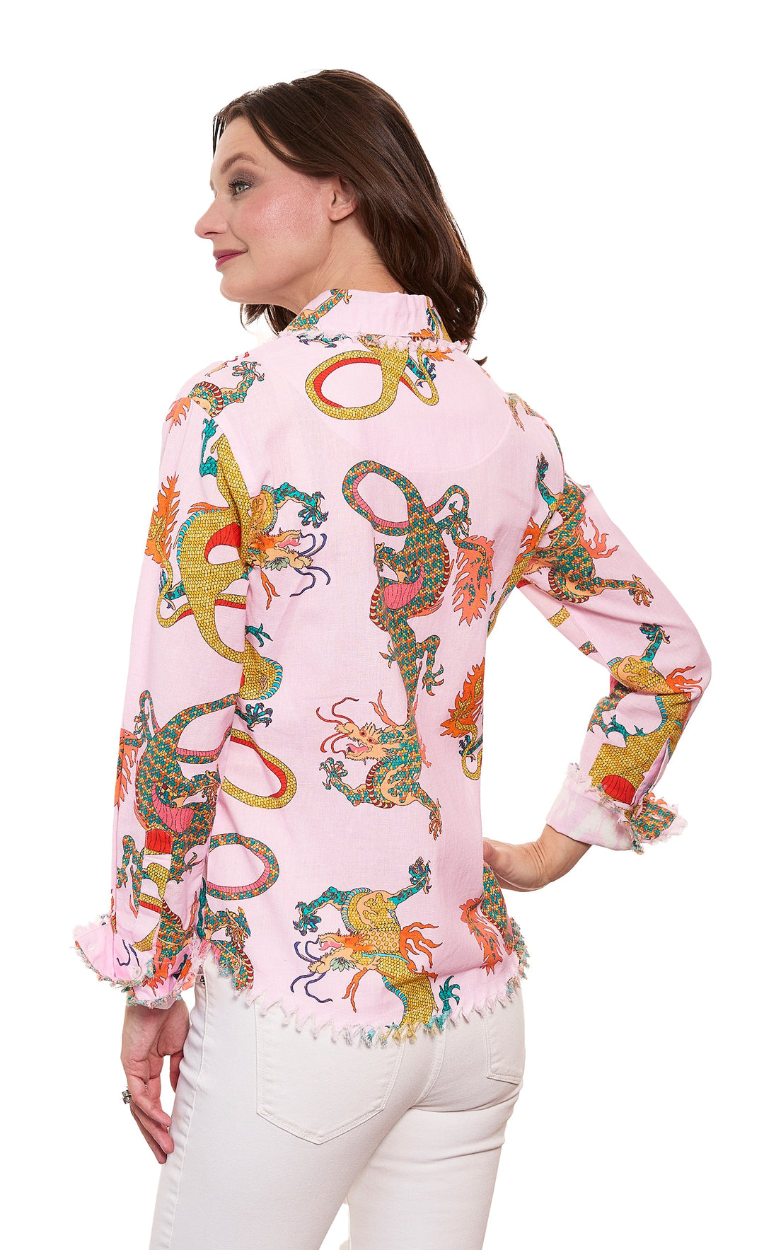 Dizzy-Lizzie Cape Cod Shirt in Powder Pink Dragon Print available at Barbara Katz