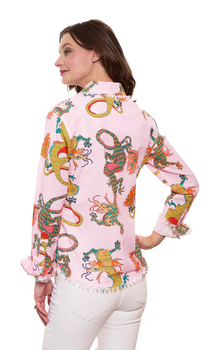 Dizzy-Lizzie Cape Cod Shirt in Powder Pink Dragon Print available at Barbara Katz