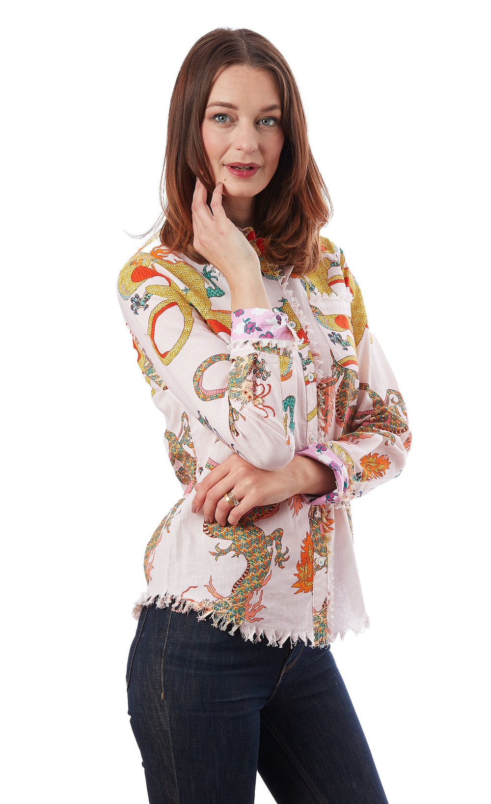 Dizzy-Lizzie Cape Cod Frayed Shirt - Baby Pink Dragon Print available at Barbara Katz