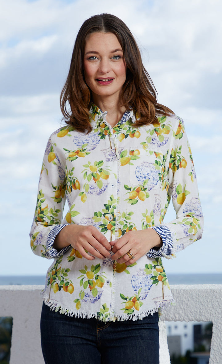 Dizzy-Lizzie Cape Cod Frayed Shirt - Lemons And Chinoiserie Print available at Barbara Katz