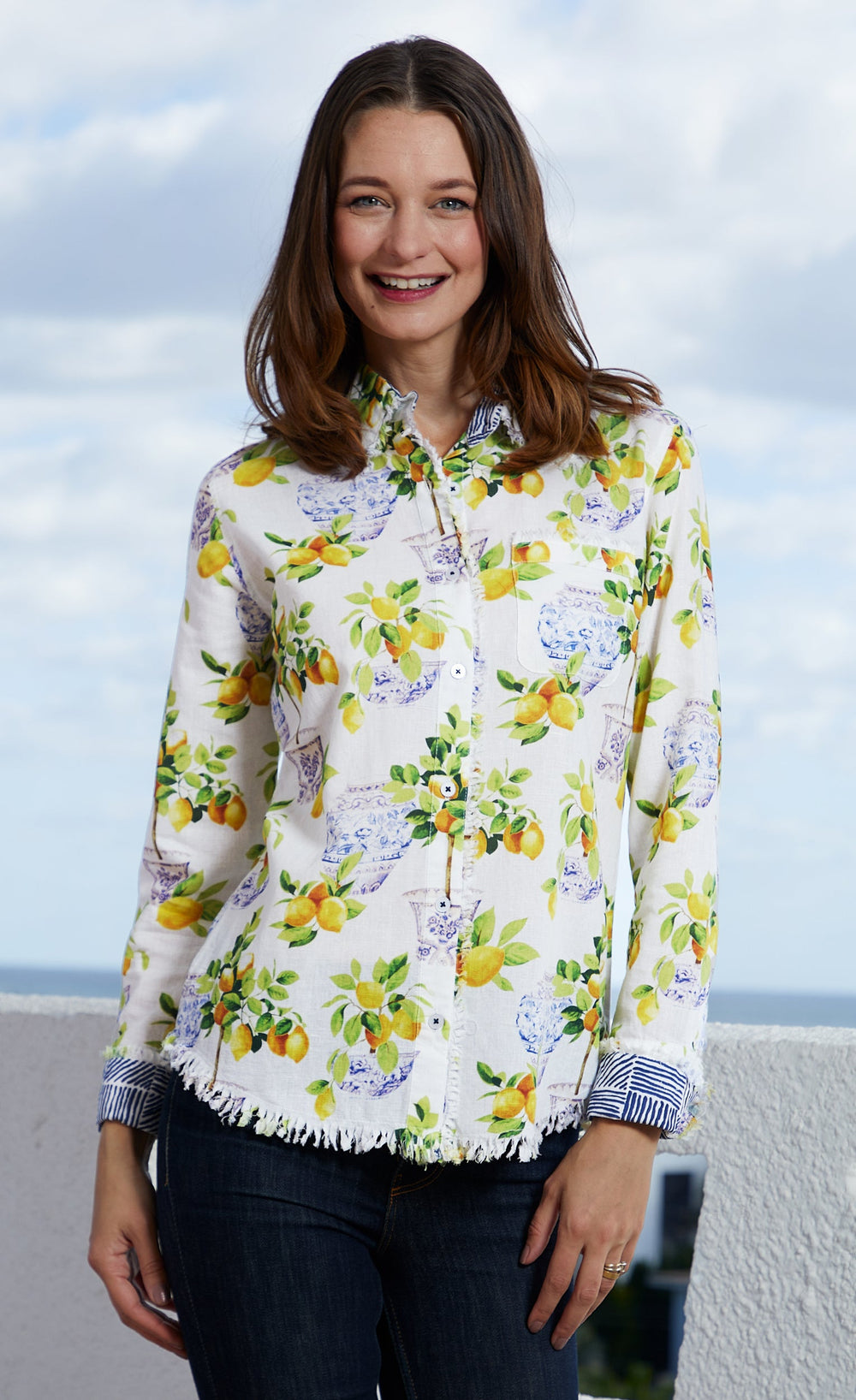 Dizzy-Lizzie Cape Cod Frayed Shirt - Lemons And Chinoiserie Print available at Barbara Katz