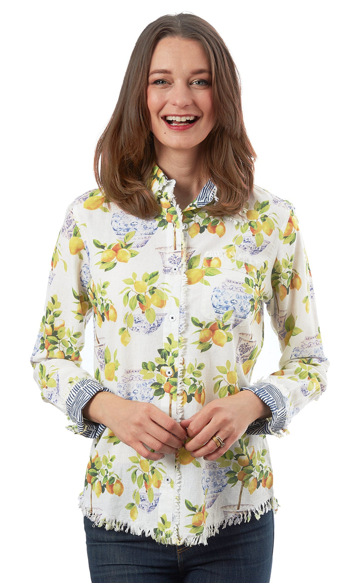 Dizzy-Lizzie Cape Cod Frayed Shirt - Lemons And Chinoiserie Print available at Barbara Katz
