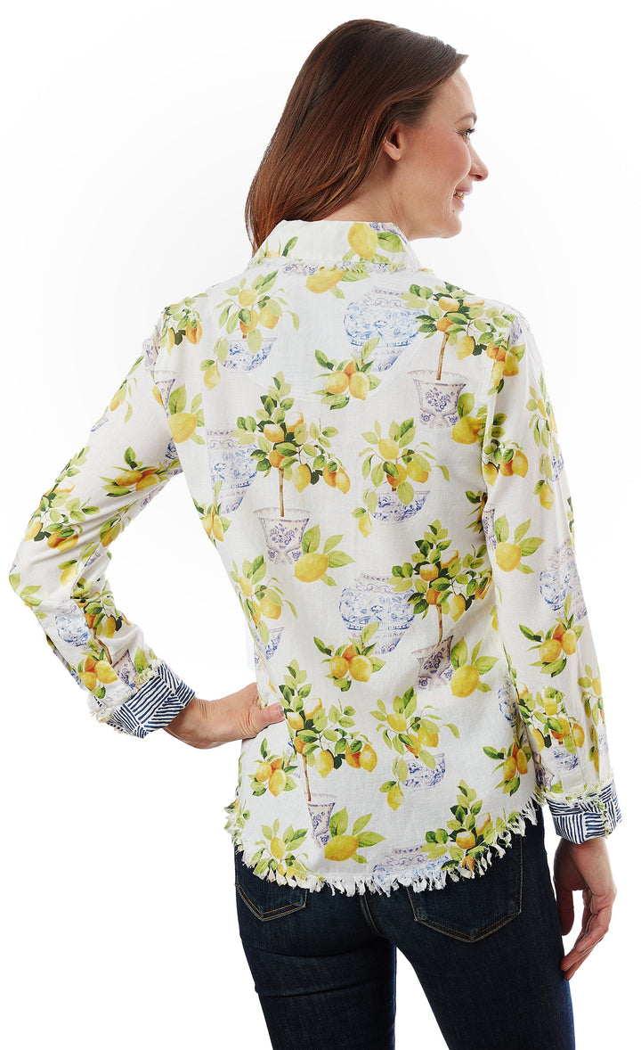 Dizzy-Lizzie Cape Cod Frayed Shirt - Lemons And Chinoiserie Print available at Barbara Katz