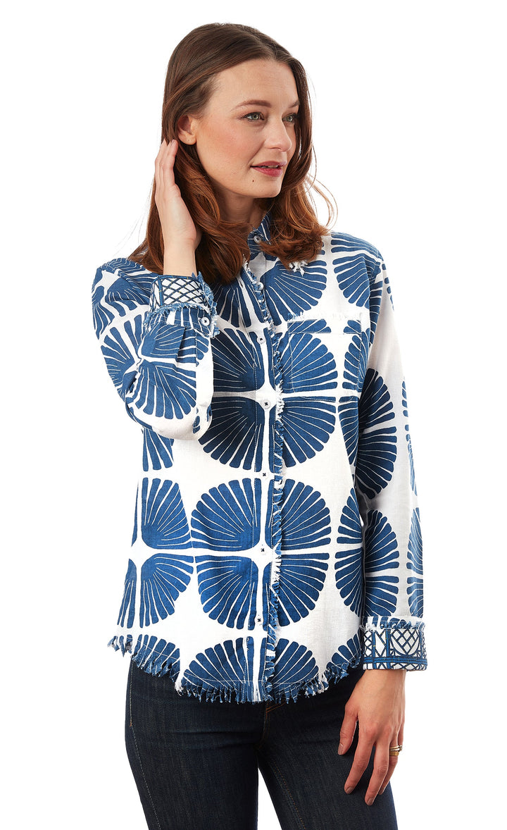 Dizzy-Lizzie Cape Cod Frayed Shirt - Navy White Palm Fronds Print available at Barbara Katz