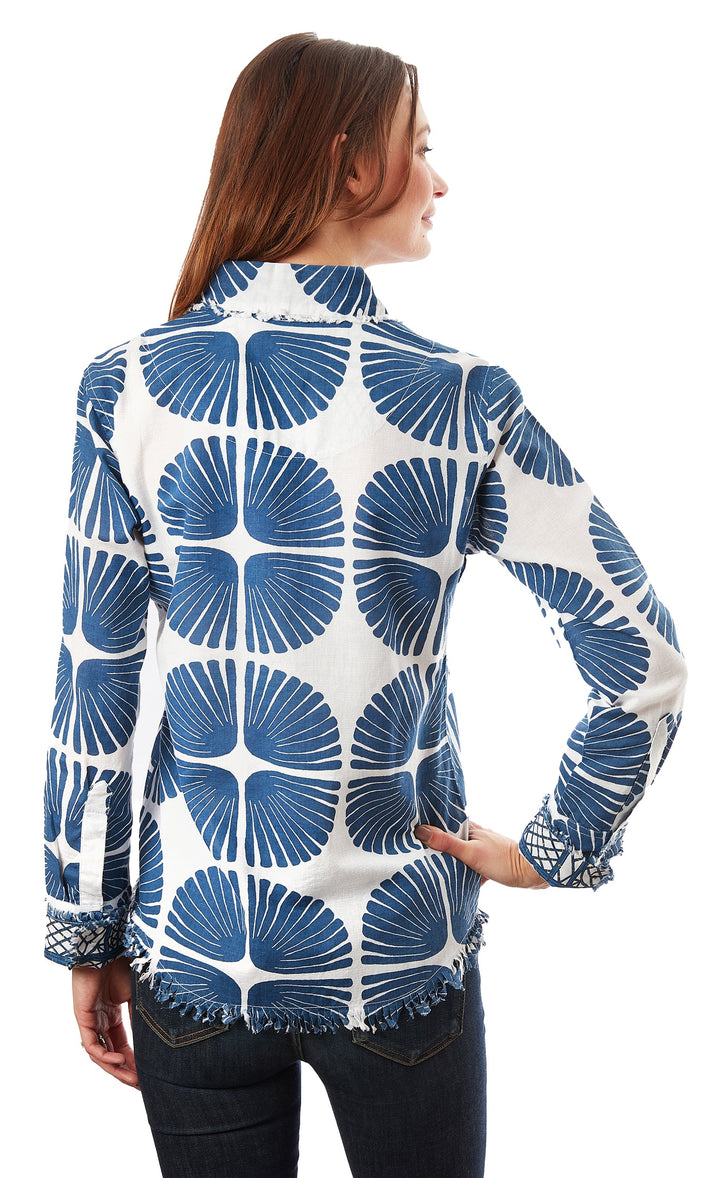 Dizzy-Lizzie Cape Cod Frayed Shirt - Navy White Palm Fronds Print available at Barbara Katz