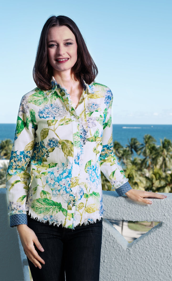 Dizzy-Lizzie Cape Cod Shirt in Hydrangea Print available at Barbara Katz