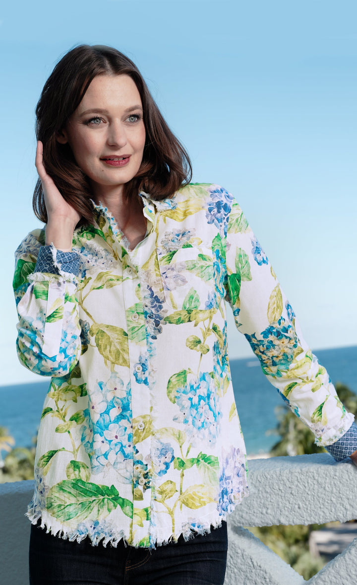 Dizzy-Lizzie Cape Cod Shirt in Hydrangea Print available at Barbara Katz