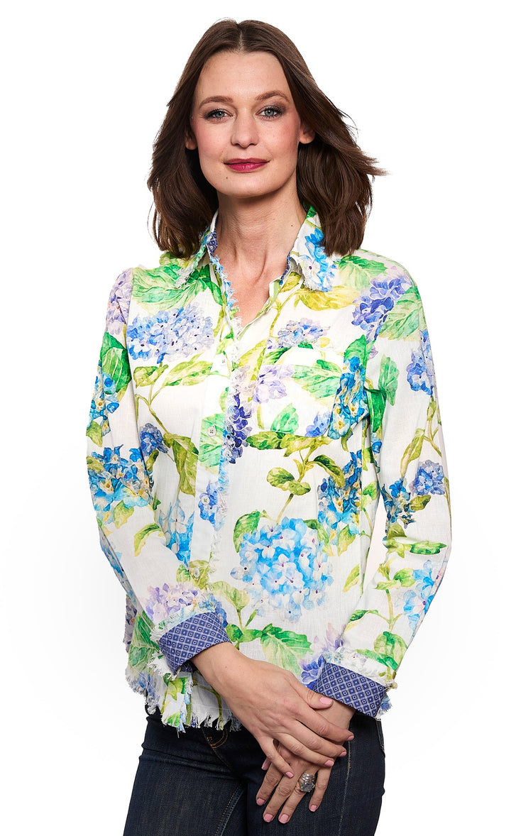 Dizzy-Lizzie Cape Cod Shirt in Hydrangea Print available at Barbara Katz