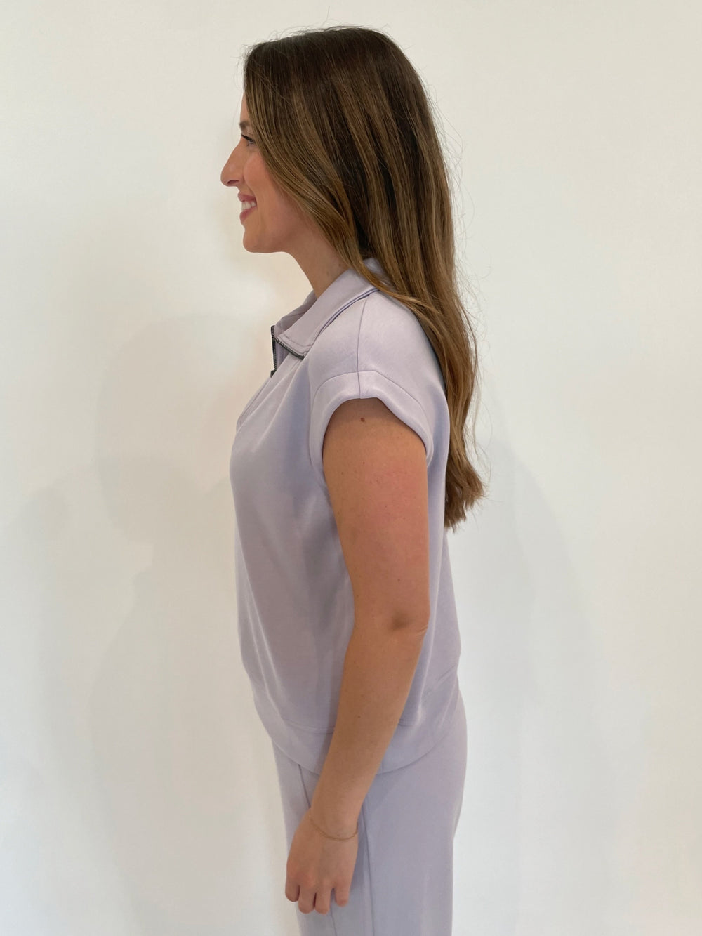 BK Kiara Half-Zip SHort Sleeve Sweatshirt in Lilac Grey available at Barbara Katz