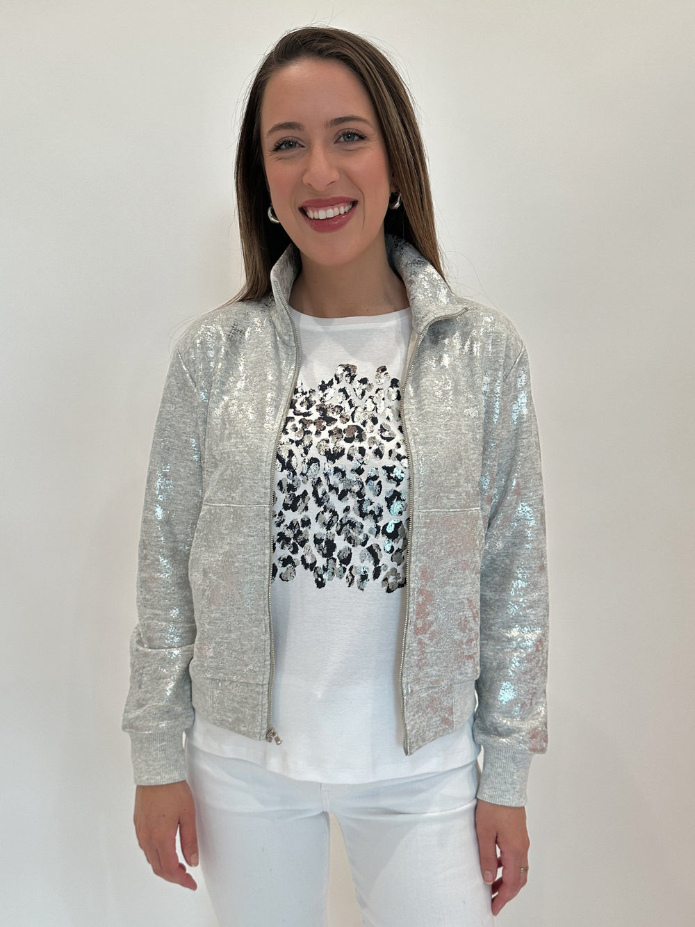 Elliott Lauren Wild Cheetah Printed Tee in Silver layered with Elliott Lauren Silver Fox Zip-Up Foiled French Terry Jacket available at Barbara Katz