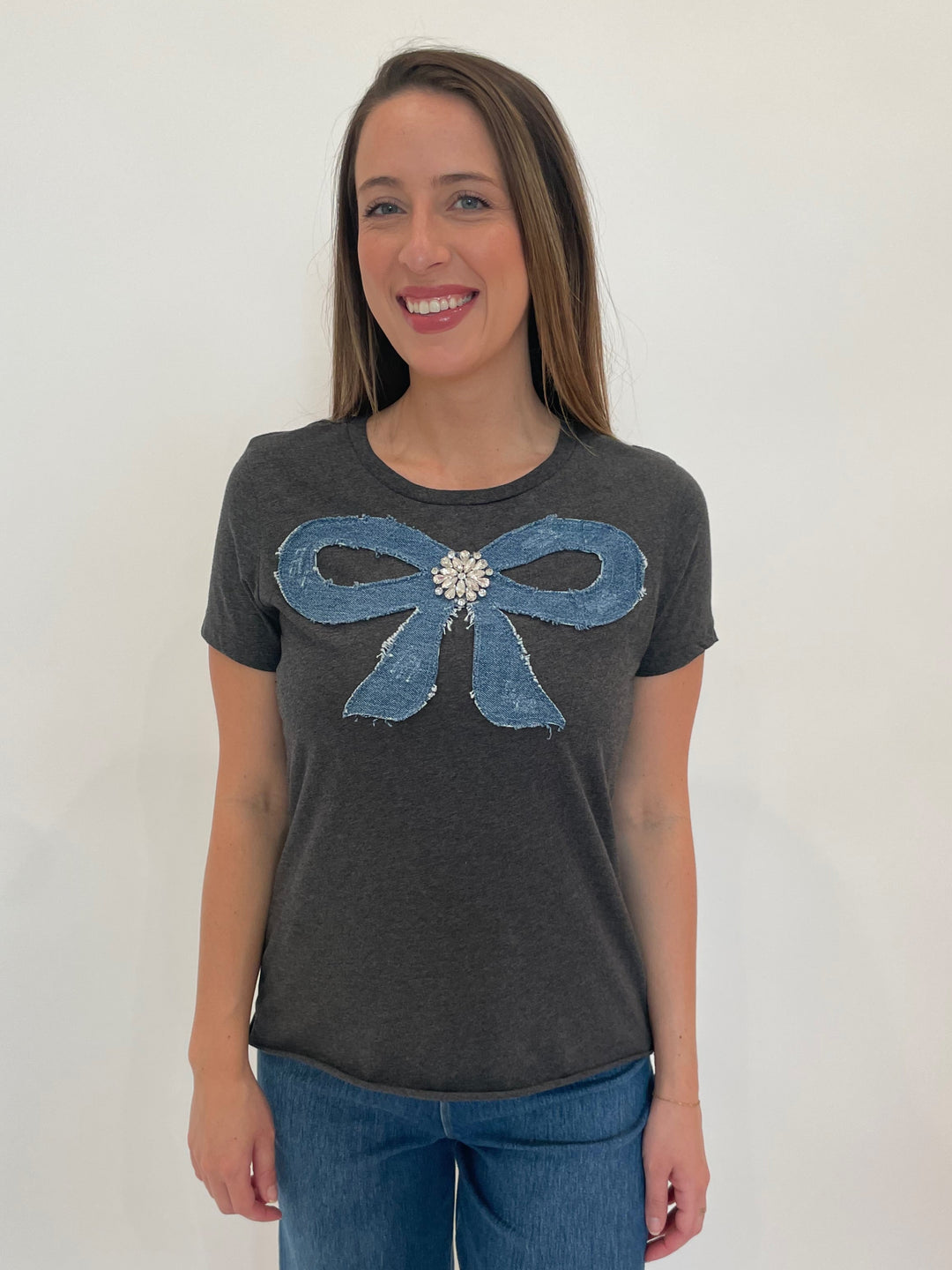 Suzy T Leti Charm Tee in Grey With Denim Bow available at Barbara Katz
