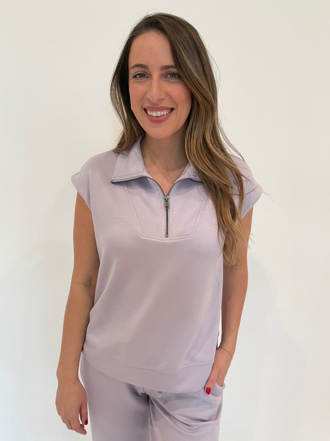 BK Kiara Half-Zip Sweatshirt in Lilac Grey available at Barbara Katz