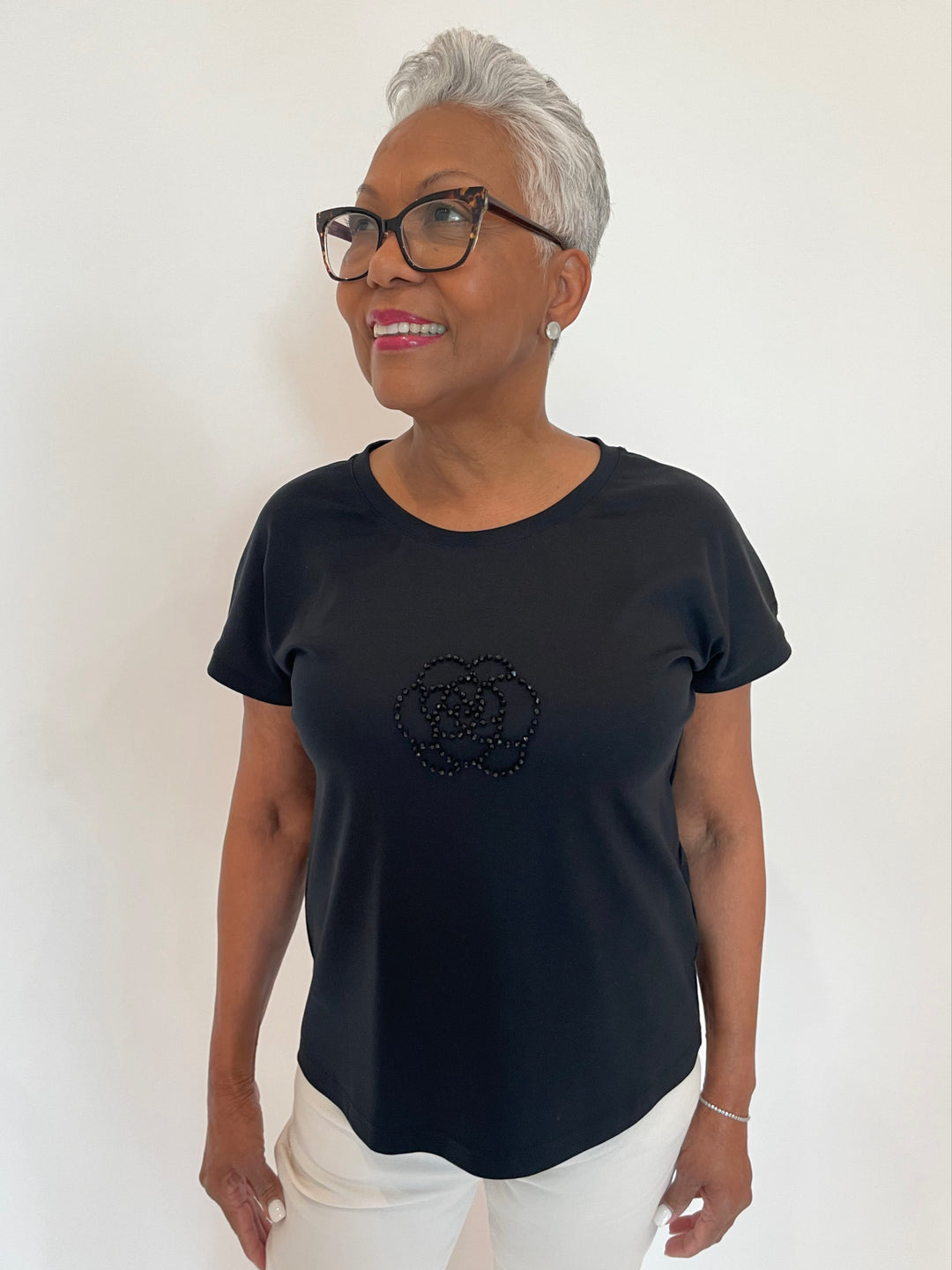 Leo & Ugo Petra Center Rose Tee in Black available at Barbara Katz