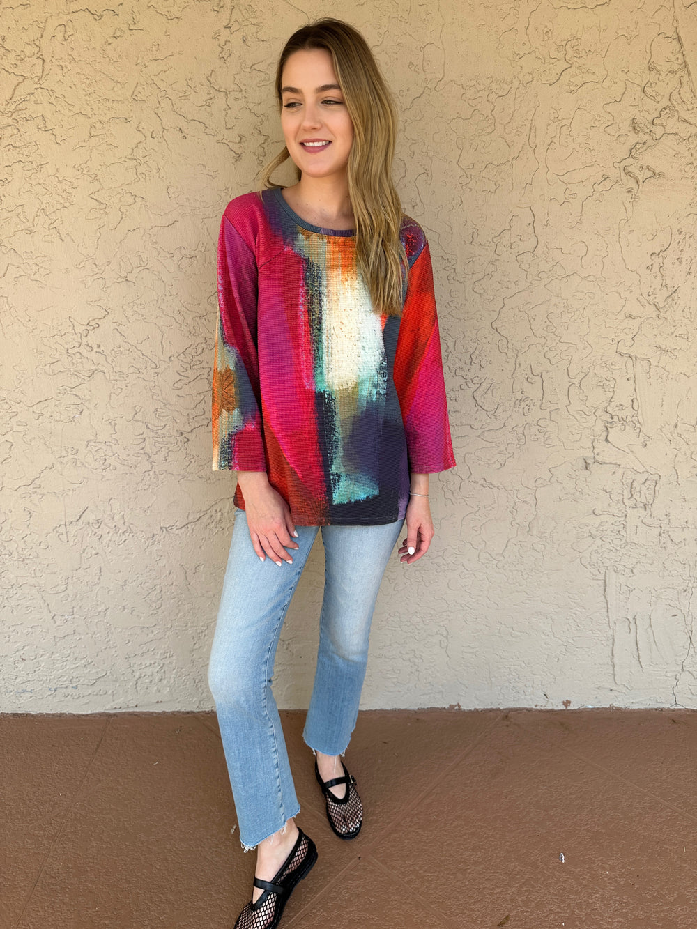 Andrea Geer Thermal Knit Aline Top - Pink Print
