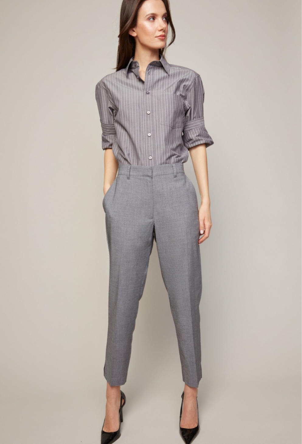Adroit Atelier Bruce Slim Leg Ankle Pant With Slit in Light Charcoal available at Barbara Katz