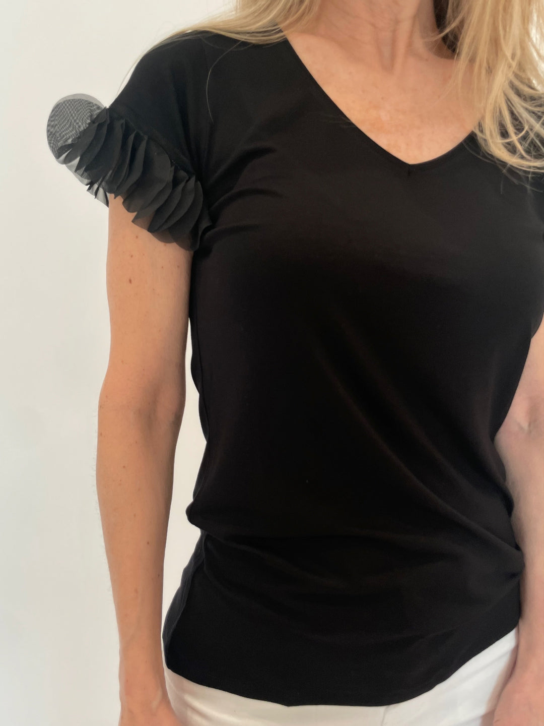 Bariloche Acapulco Ruffle Top in Black available at Barbara Katz
