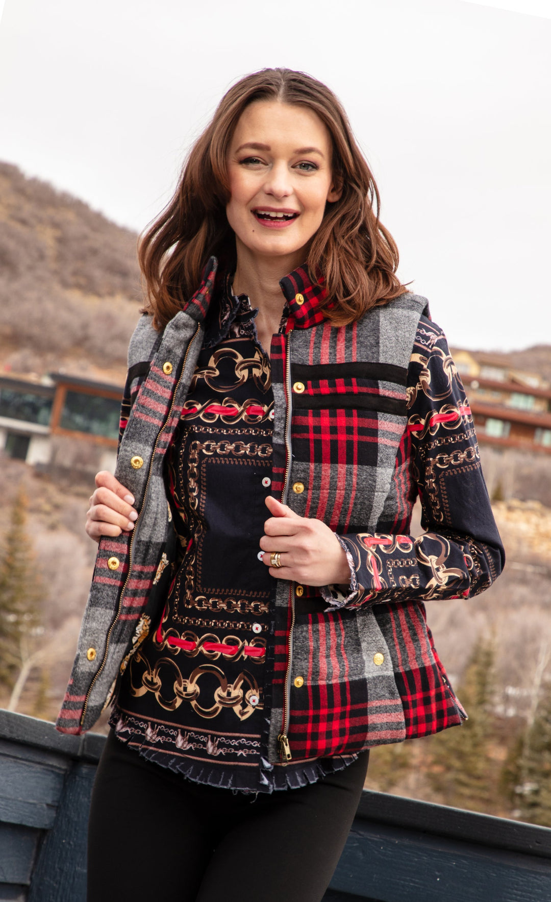 Dizzy-Lizzie Rosey Vest - Grey Plaid Flannel available at Barbara Katz