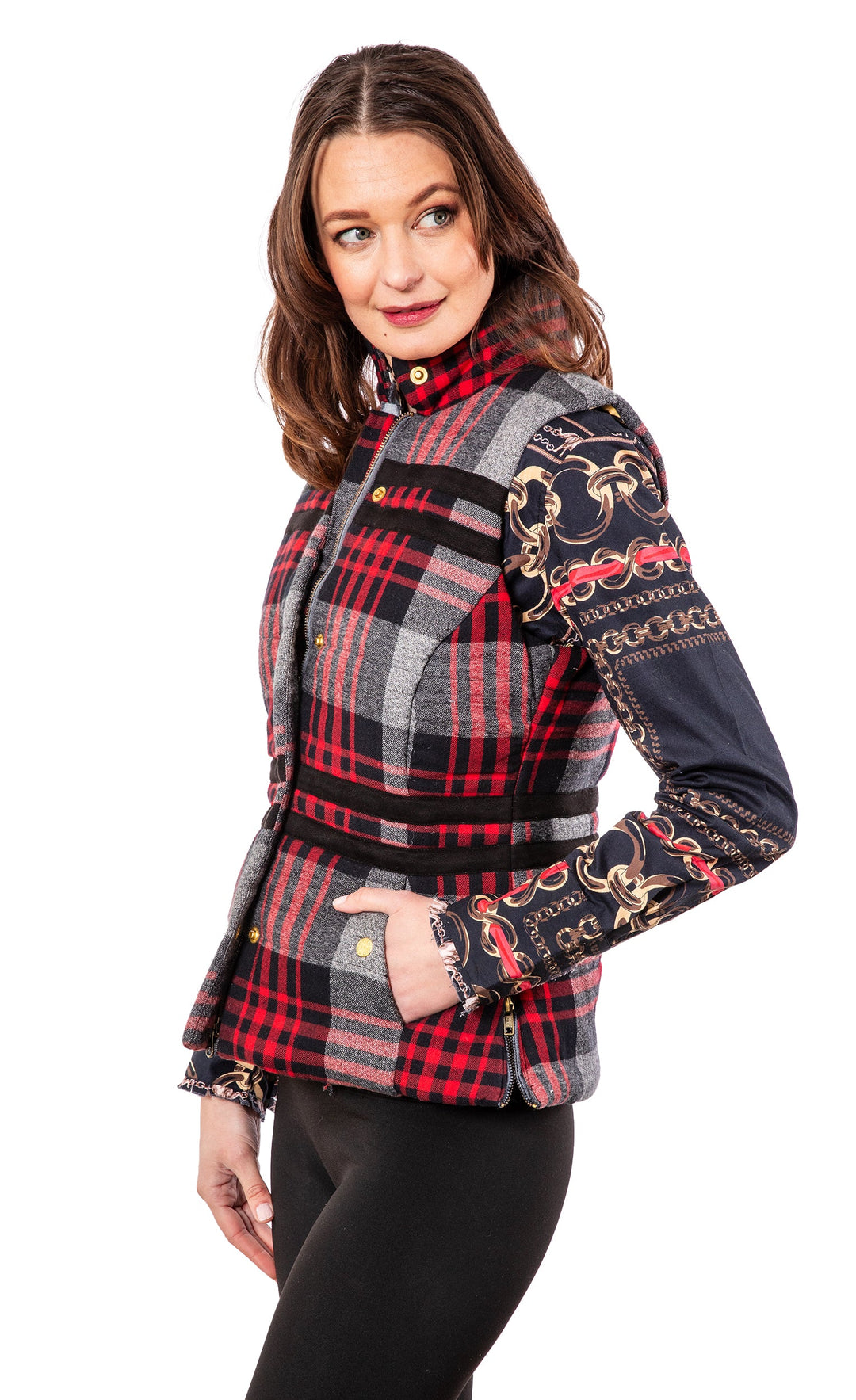 Dizzy-Lizzie Rosey Vest - Grey Plaid Flannel available at Barbara Katz