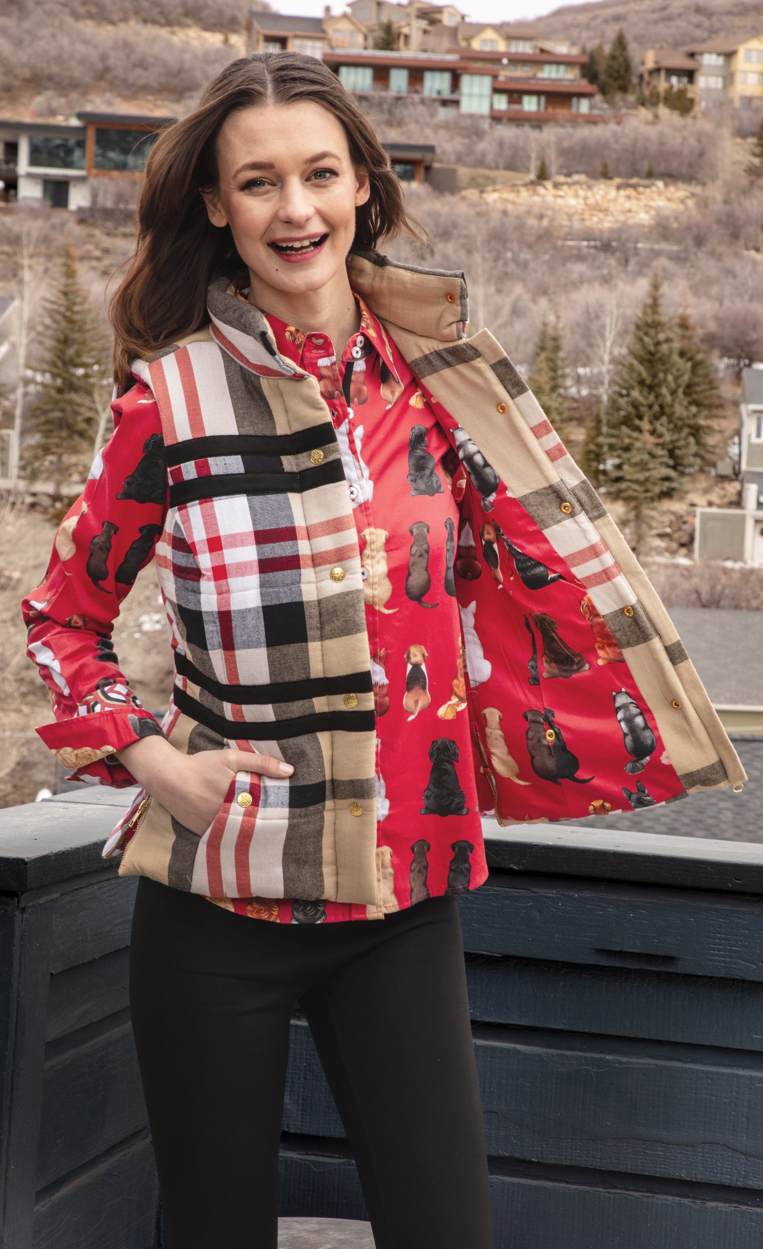 Dizzy-Lizzie Rosey Vest - Khaki Red Yarndyed Flannel – Barbara Katz