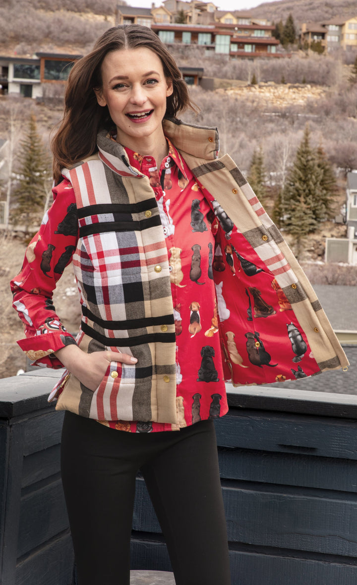 Dizzy-Lizzie Rosey Vest - Khaki Red Yarndyed Flannel available at Barbara Katz