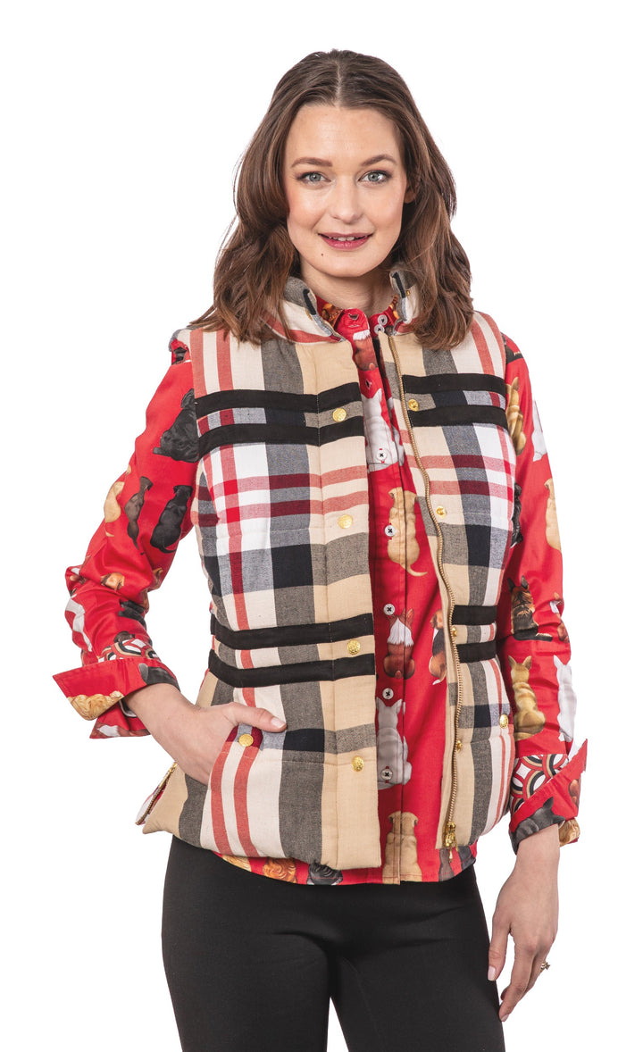 Dizzy-Lizzie Rosey Vest - Khaki Red Yarndyed Flannel available at Barbara Katz