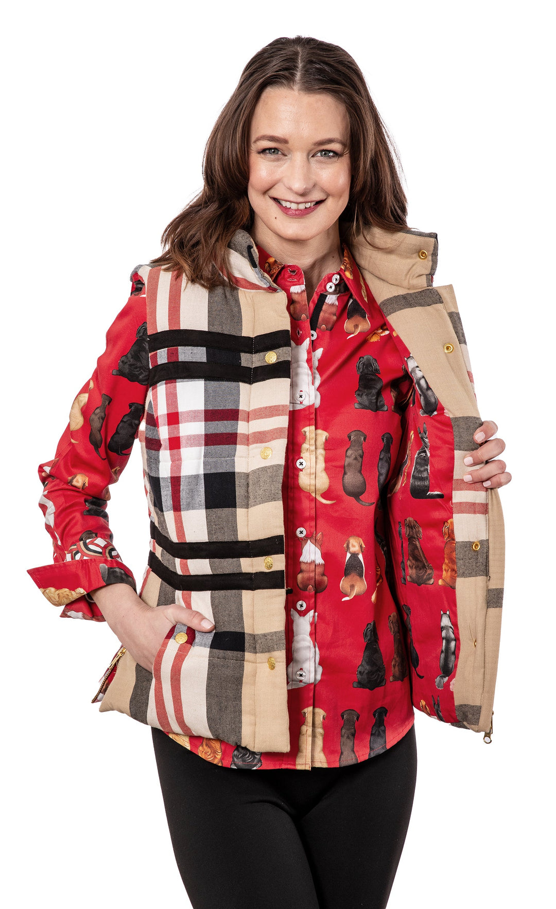 Dizzy-Lizzie Rosey Vest - Khaki Red Yarndyed Flannel available at Barbara Katz