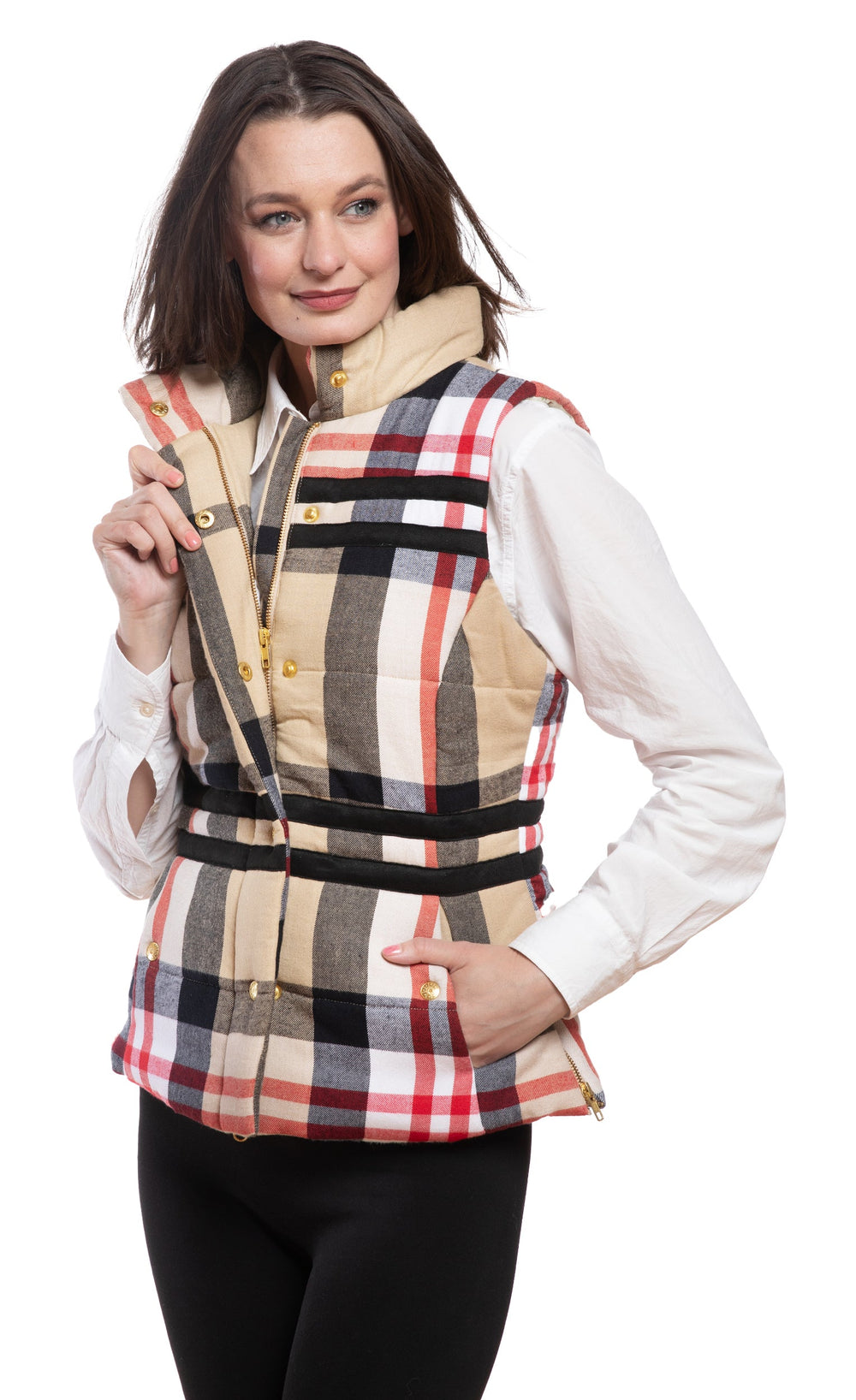 Dizzy-Lizzie Rosey Vest in Turquoise Chocolate Yarn-Dyed Plaid available at Barbara Katz