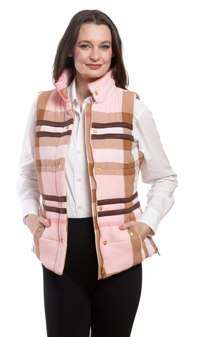 Dizzy-Lizzie Rosey Vest in Pink Chocolate Yarn-Dyed Plaid available at Barbara Katz