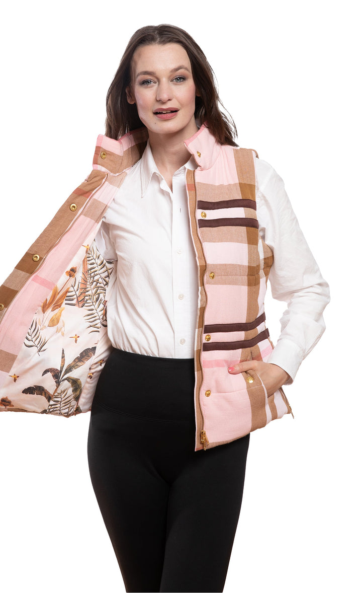 Dizzy-Lizzie Rosey Vest in Pink Chocolate Yarn-Dyed Plaid available at Barbara Katz