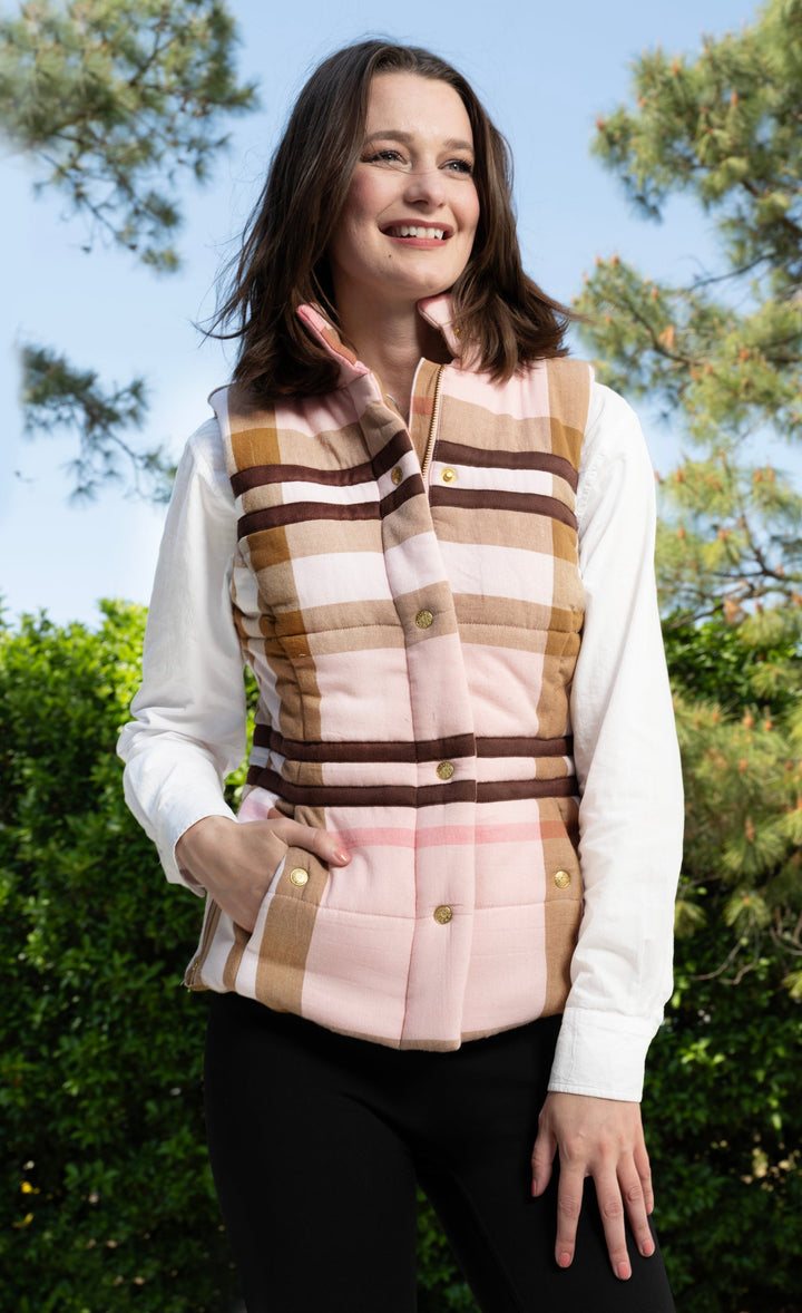Dizzy-Lizzie Rosey Vest in Pink Chocolate Yarn-Dyed Plaid available at Barbara Katz