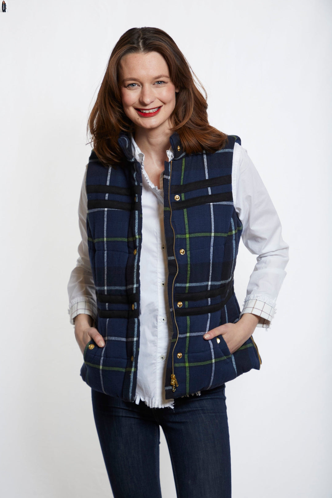 Dizzy-Lizzie Rosey Vest - Indigo Yarndyed Flannel Plaid available at Barbara Katz