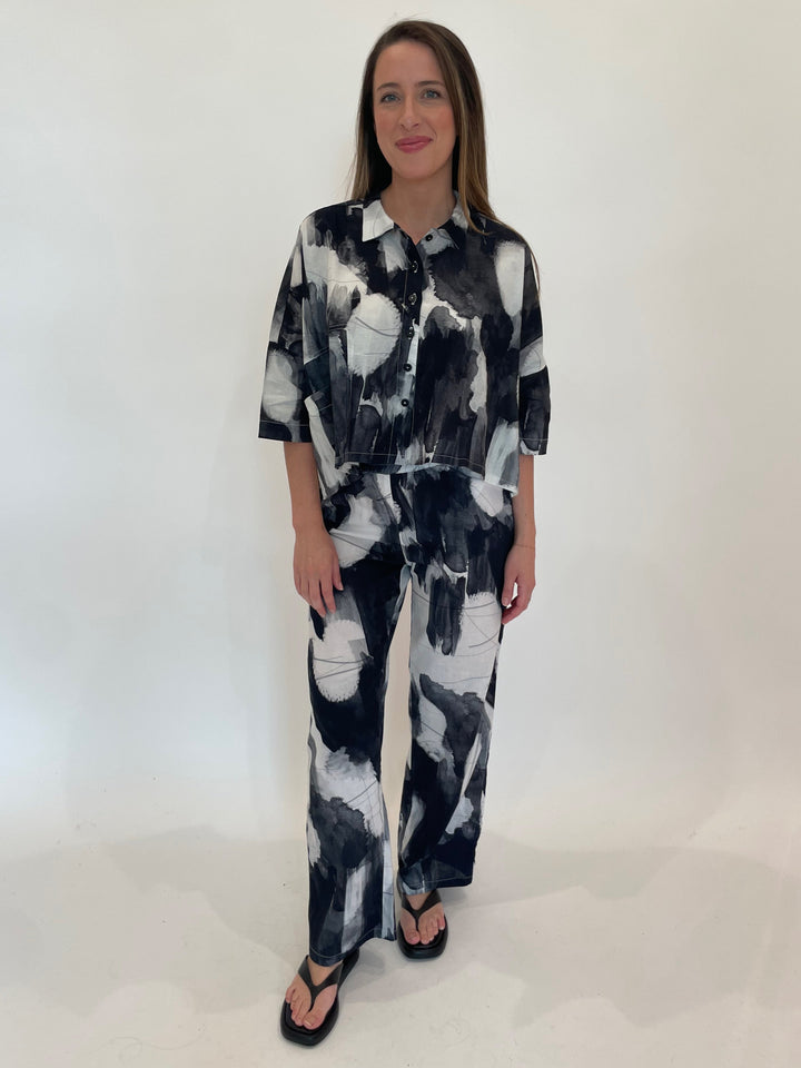 Ingrid Munt Denise Printed Shirt in Black/White paired with matching Alice Printed Pants available at Barbara Katz