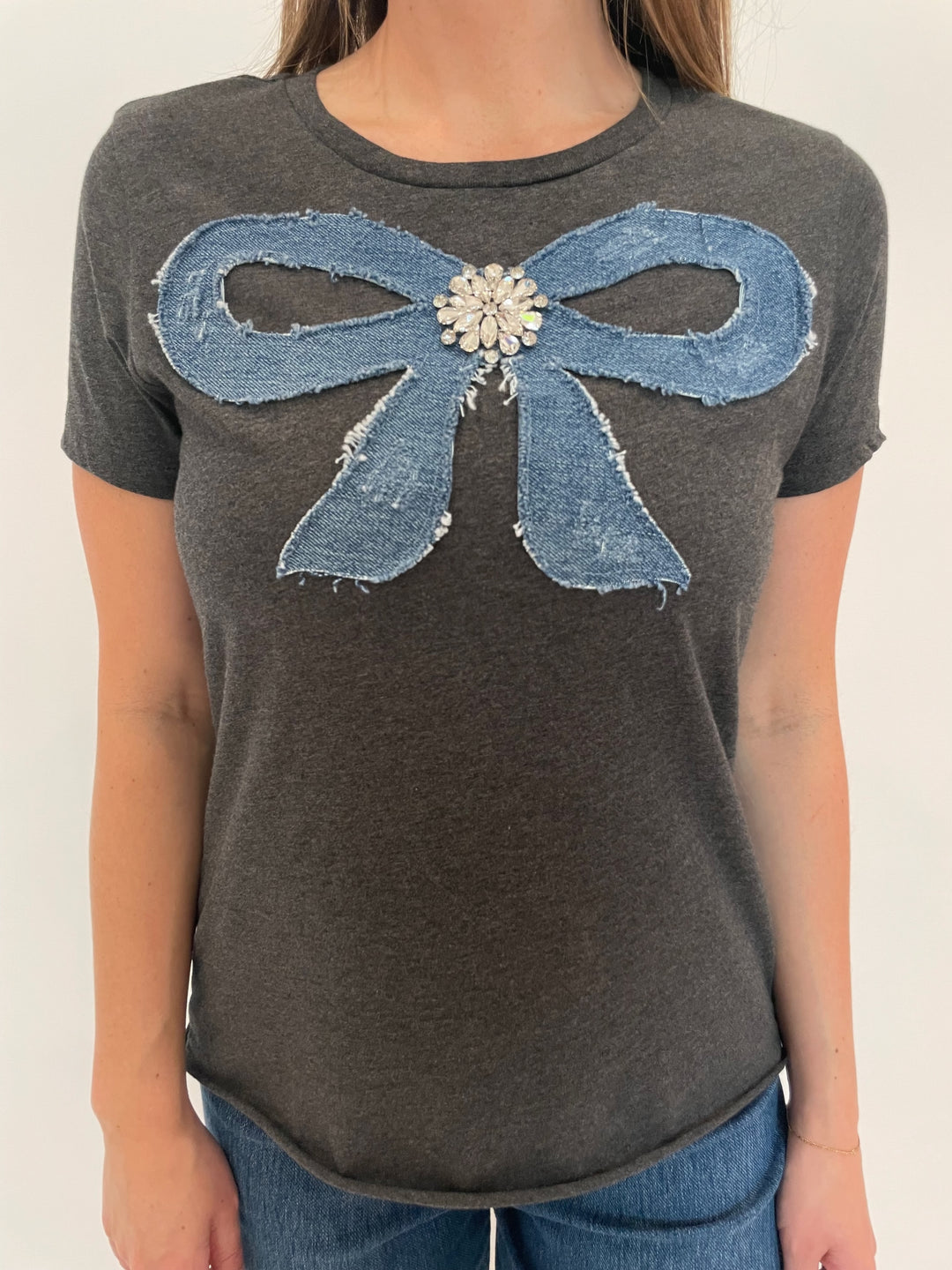 Suzy T Leti T-Shirt Charm in Grey With Denim Bow available at Barbara Katz