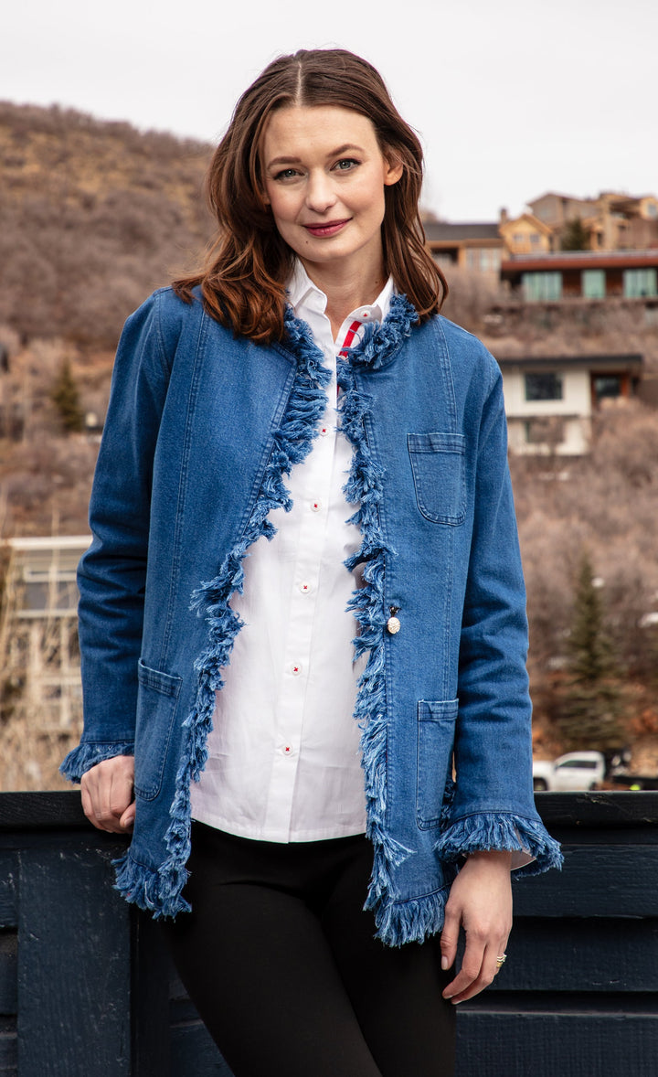 Dizzy-Lizzie Fringed Denim Jacket available at Barbara Katz