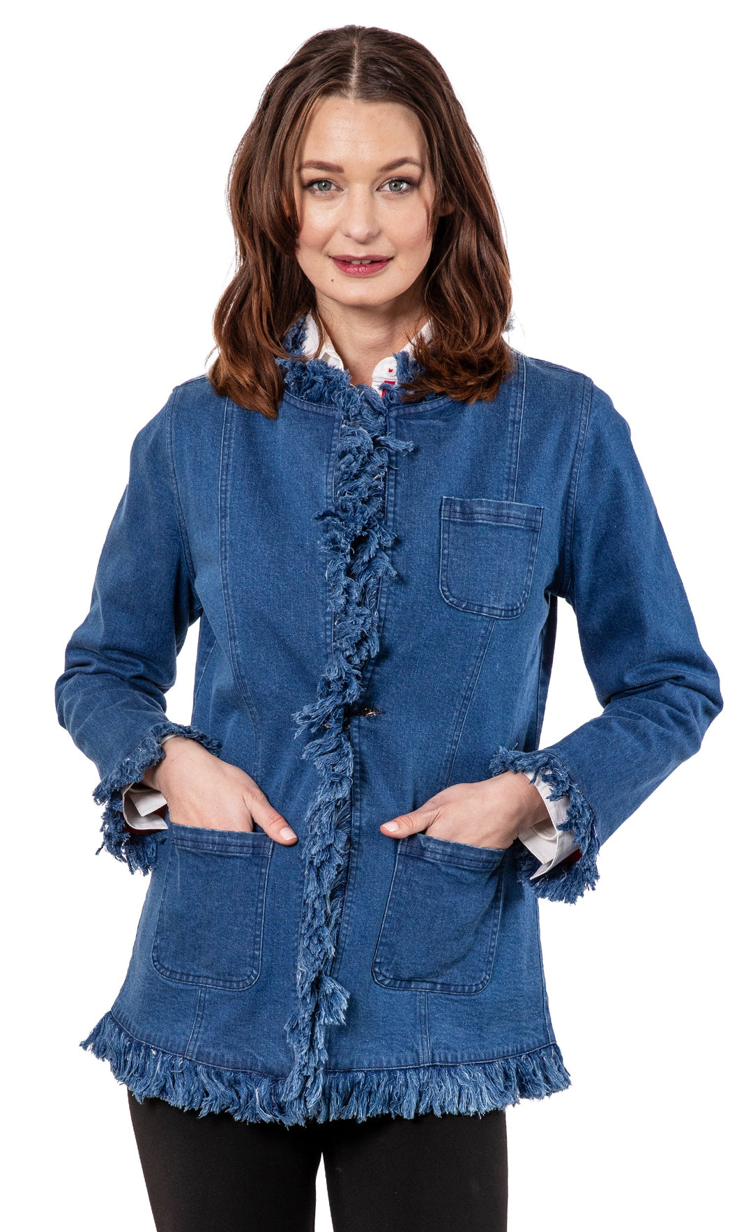 Dizzy-Lizzie Fringed Denim Jacket available at Barbara Katz