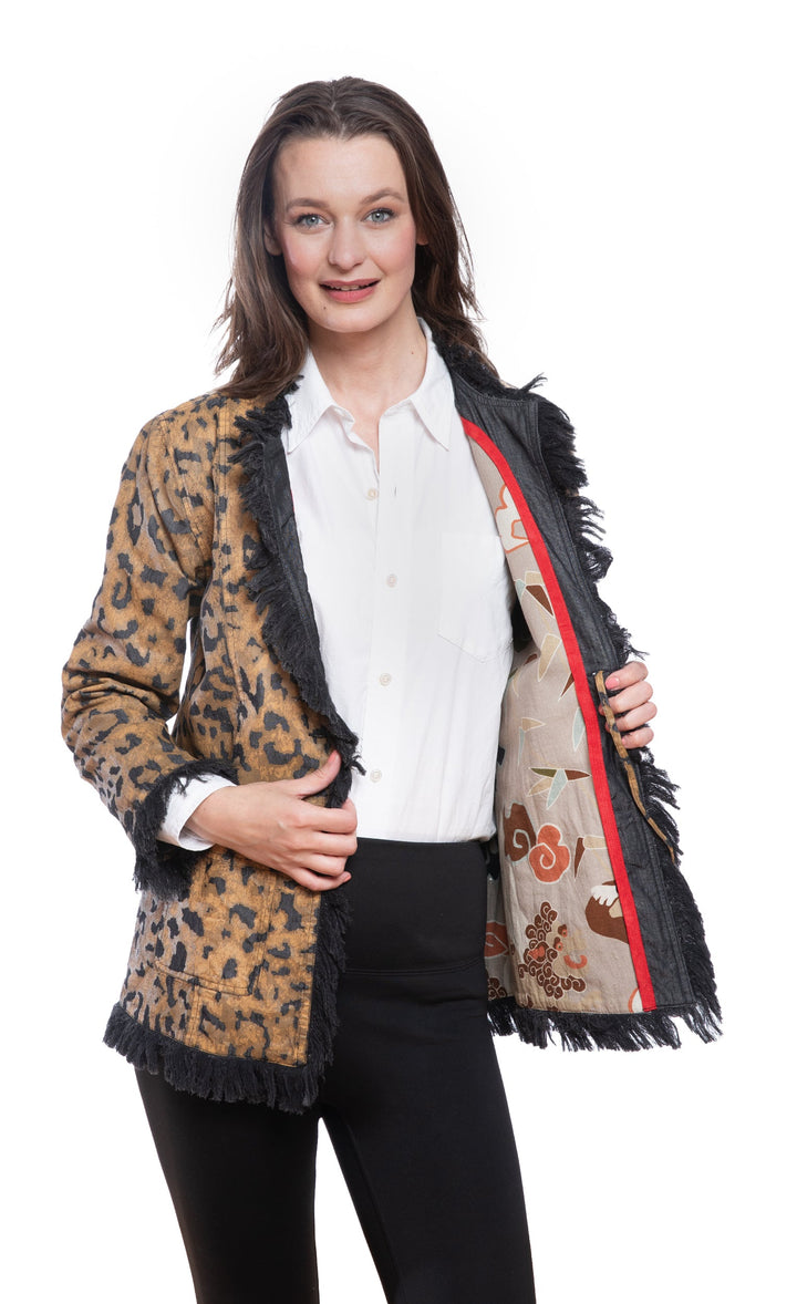 Dizzy-Lizzie Fringed Jacket Animal Print On Denim available at Barbara Katz