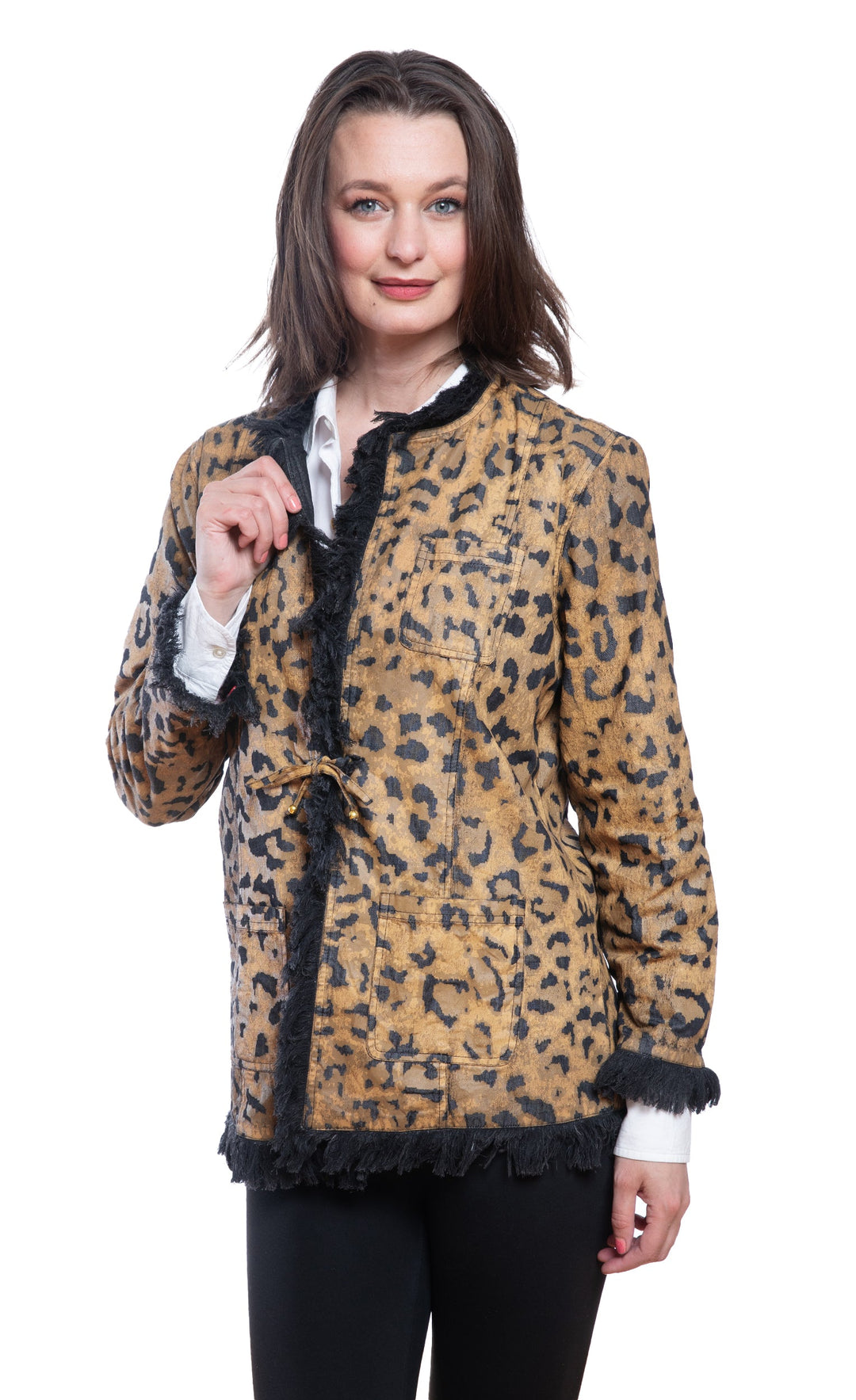 Dizzy-Lizzie Fringed Jacket Animal Print On Denim available at Barbara Katz