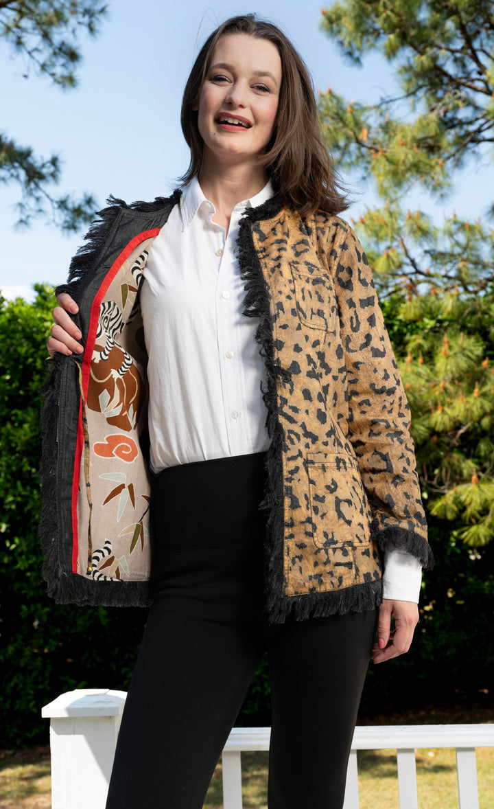 Dizzy-Lizzie Fringed Jacket Animal Print On Denim available at Barbara Katz