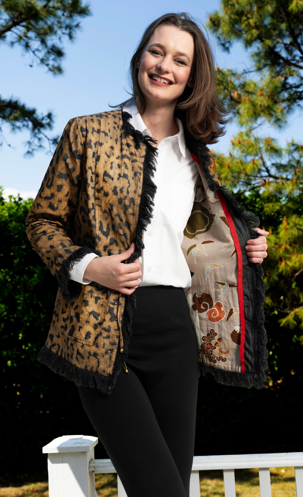Dizzy-Lizzie Fringed Jacket Animal Print On Denim available at Barbara Katz