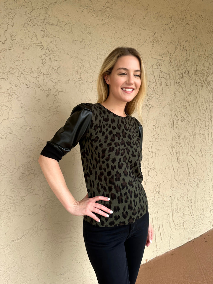J Society Vegan Leather Cheetah Sweater - Military