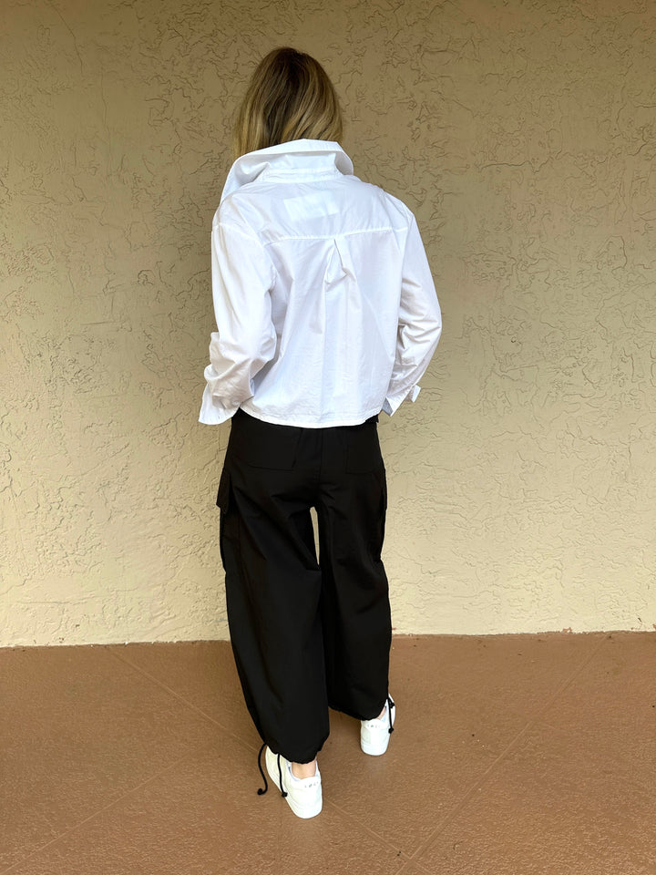 Stateside Structured Poplin Drawstring Cargo Pant - Black
