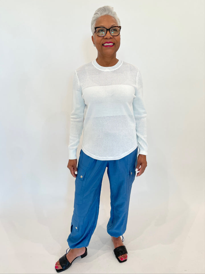 Billie Rosa Mesh Crew Sweater in White paired with Cinq a Sept Nitsan Parachute Pants in Blue Corn available at Barbara Katz