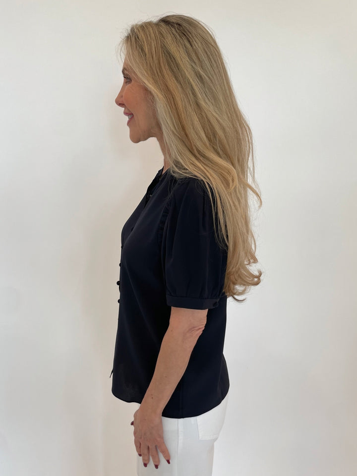 Frame The Silk Gathered Top in Navy available at Barbara Katz
