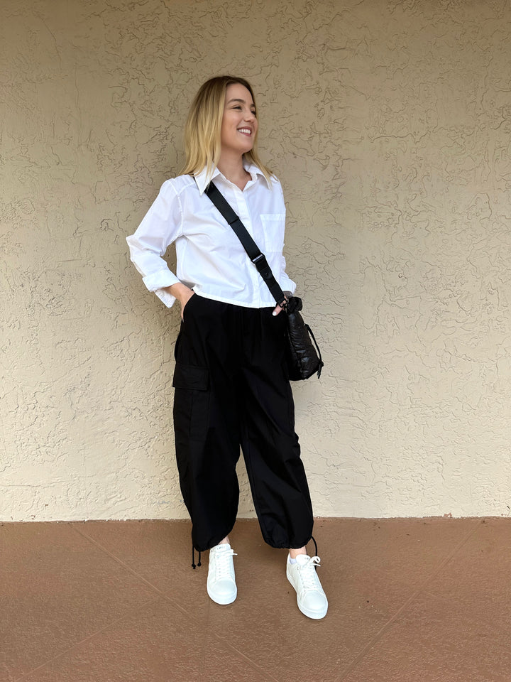 Stateside Structured Poplin Drawstring Cargo Pant - Black