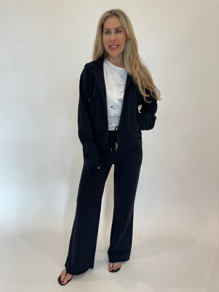 Margittes Drawstring Hoodie in Marine with Margittes White Graffic Tee underneath, paired with Margittes Drawstring Sweatpants in Marine available at Barbara Katz