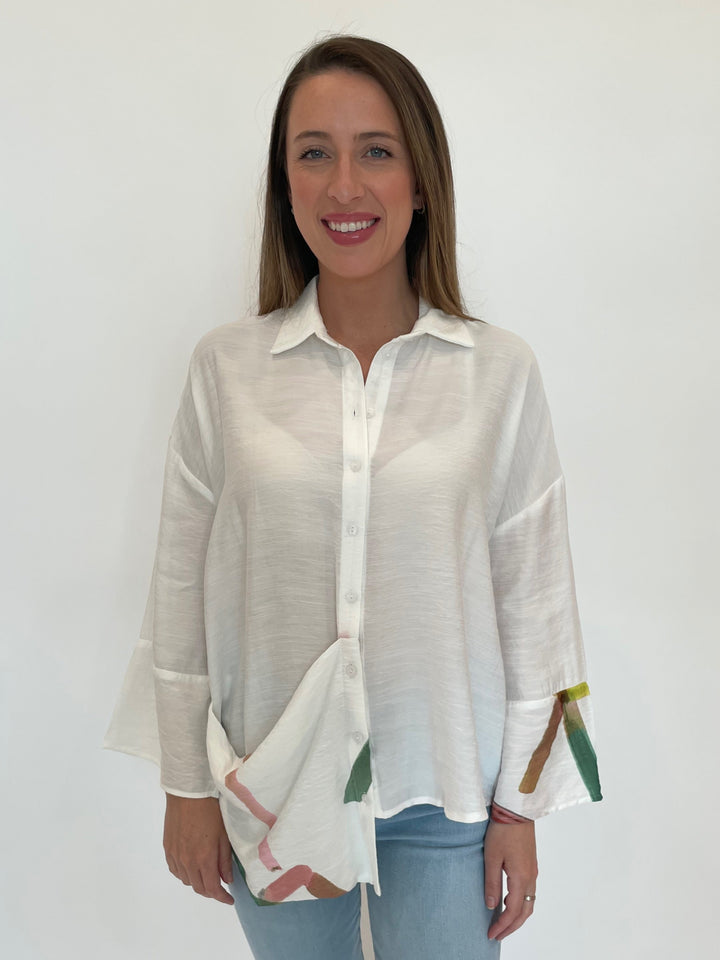 Ozai N Ku Asymmetric Shirt With Pocket in Trip White available at Barbara Katz